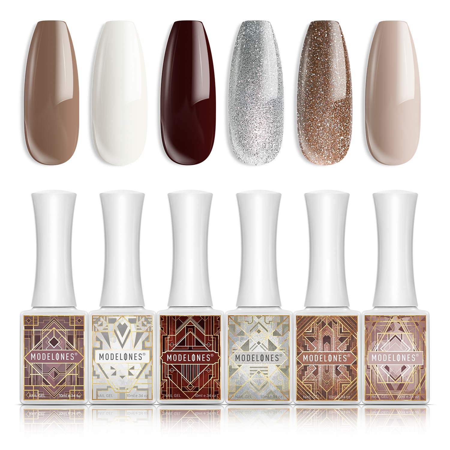 Gel Nail Polish, White Nude Glitter Gold Silver Burgundy Brown Gel Polish, 6 PCS 10ML Nail Polish, Gel Top Coat Base Coat LED Nail Lamp Needed, Gel Nail Kit Manicure Set Home Use with Gift Box : Beauty