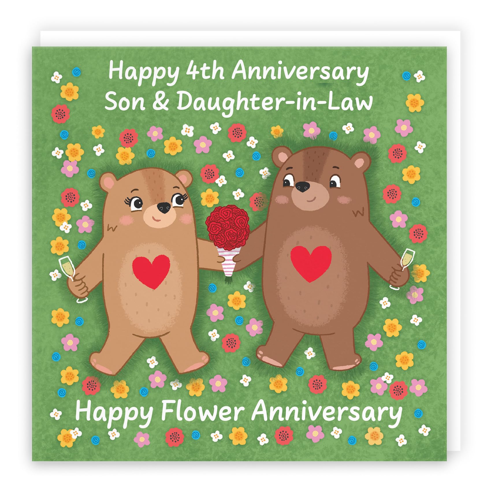 Hunts England - Son And Daughter In Law 4th Anniversary Card - Flower Anniversary - Fourth Anniversary - 4 Years - Cute Fun Bears Card For Son & Daughter-in-Law - Love Story Collection — image 1