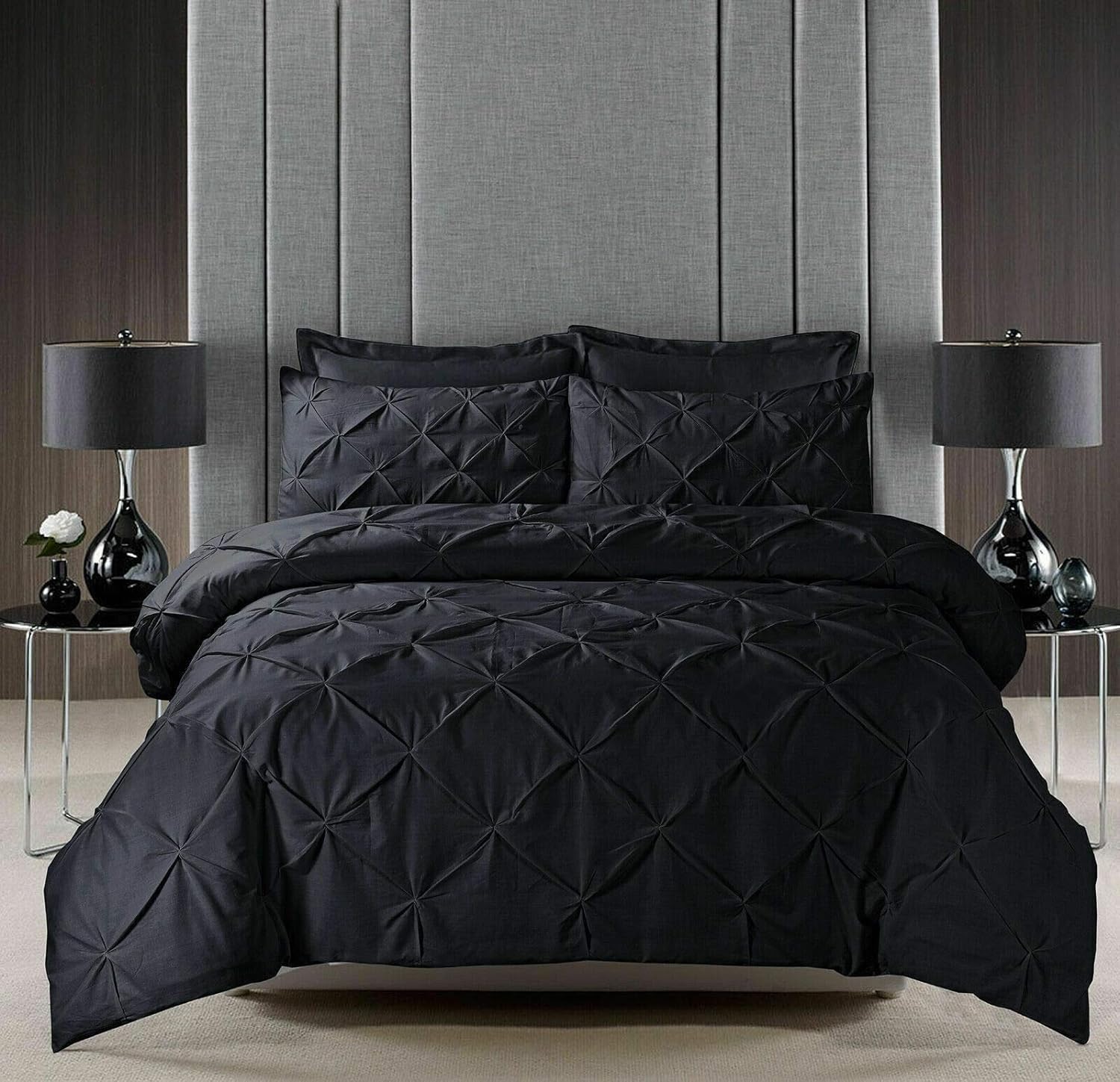 [hachette] PINTUCK DUVET COVER BEDDING BED SET WITH PILLOWCASES (Black, Super King)