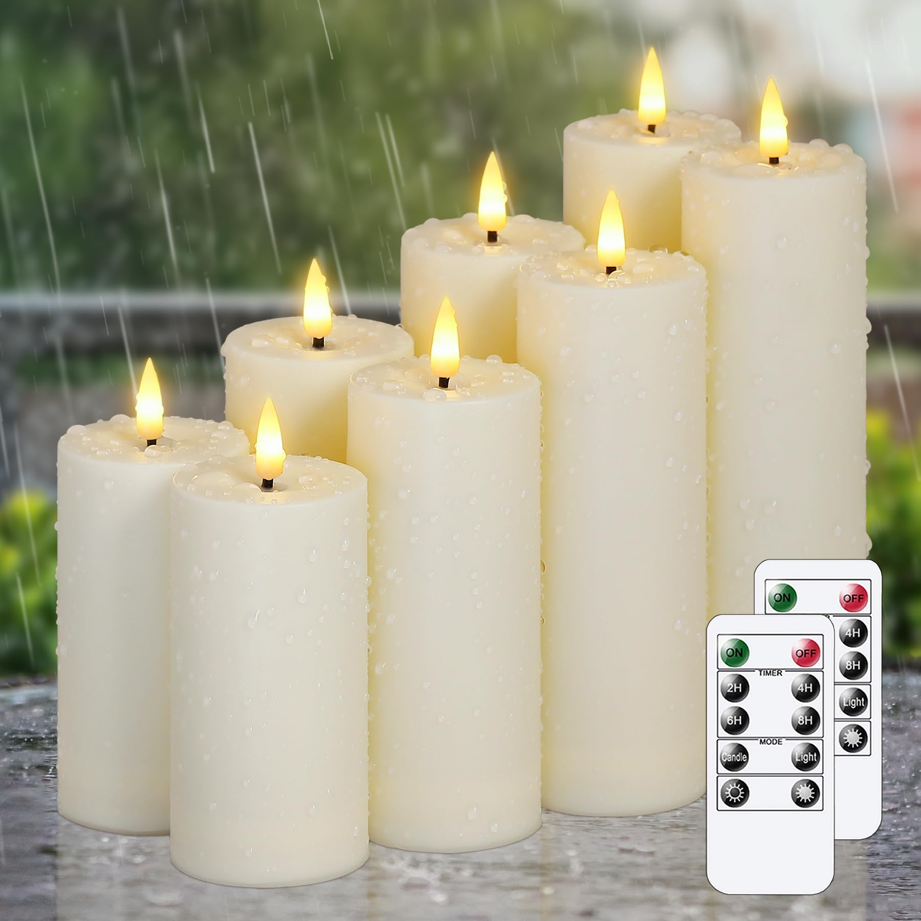 Photo 1 of Zevanor Flameless Waterproof 2.2" x4" 4" 5" 5" 6" 6" 7" 7" Pillar Candles with Remote Control and Timer, LED Battery Operated Plastic Ivory Pack of 8 Outdoor Flickering Warm Light
