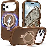 Amzfield for iPhone 17 Pro Case, Compatible with Magsafe with Invisible Magnetic Ring Stand Wavy Frame Cute Translucent Matte Hard Back Silicone Bumper Shockproof Phone Case Women Girls, Brown