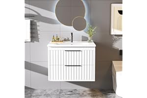Buytime 24" Bathroom Vanity with Sink, Floating Vanity Bathroom Sink Cabinet Wall Mount, Soft-Close Function 2 Large Drawers, Grooved Stripe Design, Hidden Damping Drawers, White