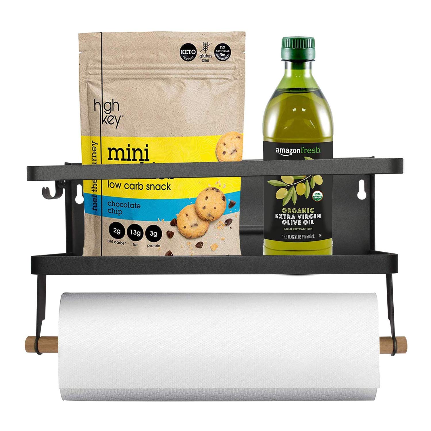 LUOOV Fridge Magnet Organiser, Shelf Unit with 4 Hooks & Paper Towel Holder, Kitchen Storage Spice Rack, Black