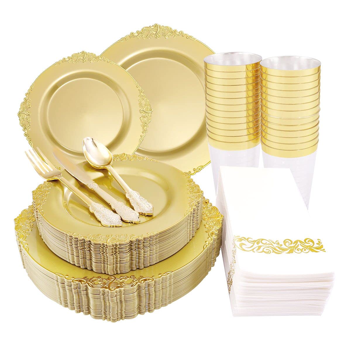 Photo 1 of Morejoy 175PCS Solid Gold Plastic Plates & Cutlery Sets with Gold Rim - Perfect for Party & Birthday