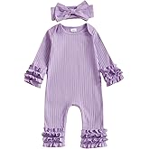 Ursobutegl Newborn Baby Girl Clothes Jumpsuit Ruffle Romper Bodysuit Pants Headband One-Piece Coming Home Hospital Outfits