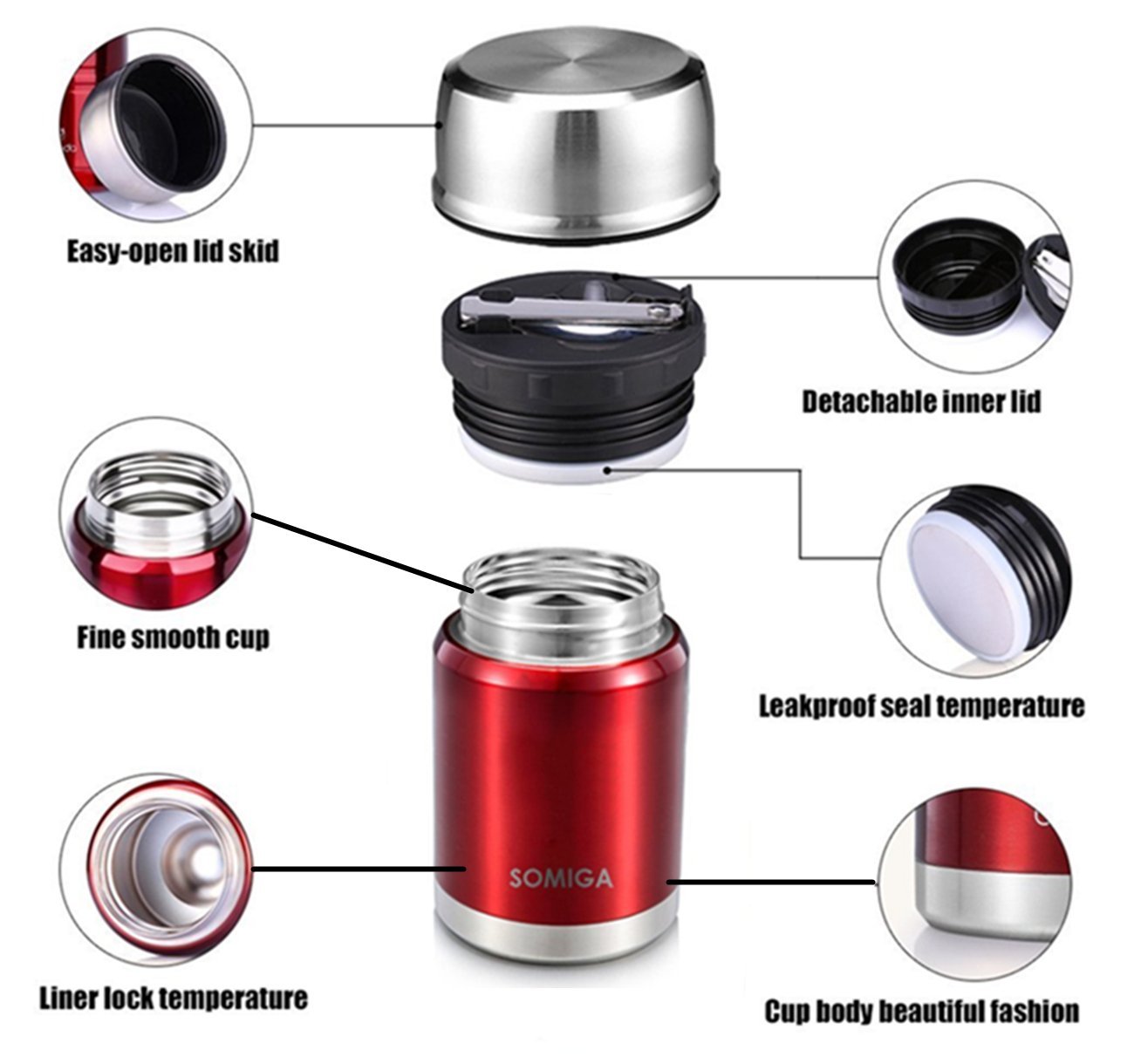 SOMIGA Insulated Stainless Steel Food Jar with Folding Spoon,Bag-Vacuum Double Walled BPA Free,Unbreakable,Leak Proof, Hot and Cold Preservation 17 OZ Storage Container (Red)