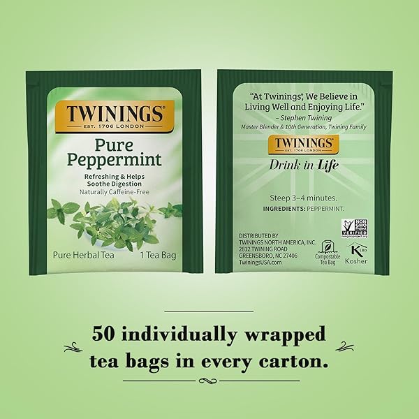 TWININGS PURE PEPPERMINT TEA – NATURALLY CAFFEINE FREE, REFRESHING MINT HERBAL TEA BAGS INDIVIDUALLY WRAPPED, 50 COUNT