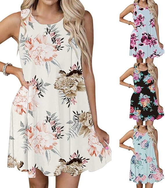 Tsun Women Summer Tank Dress Casual Sleeveless Crew Neck