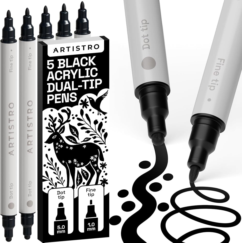 ARTISTRO 5 Black Acrylic Paint Pens Dual Tip Folio Rock Fabric Wood Glass+