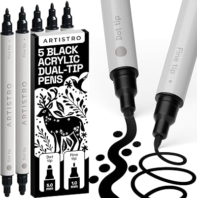ARTISTRO 5 Black Acrylic Paint Pens Dual Tip Folio Rock Fabric Wood Glass+
