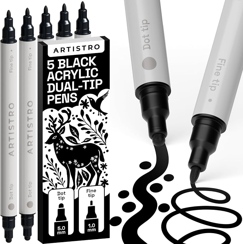 ARTISTRO 5 Black Acrylic Paint Pens Dual Tip Folio Rock Fabric Wood Glass+