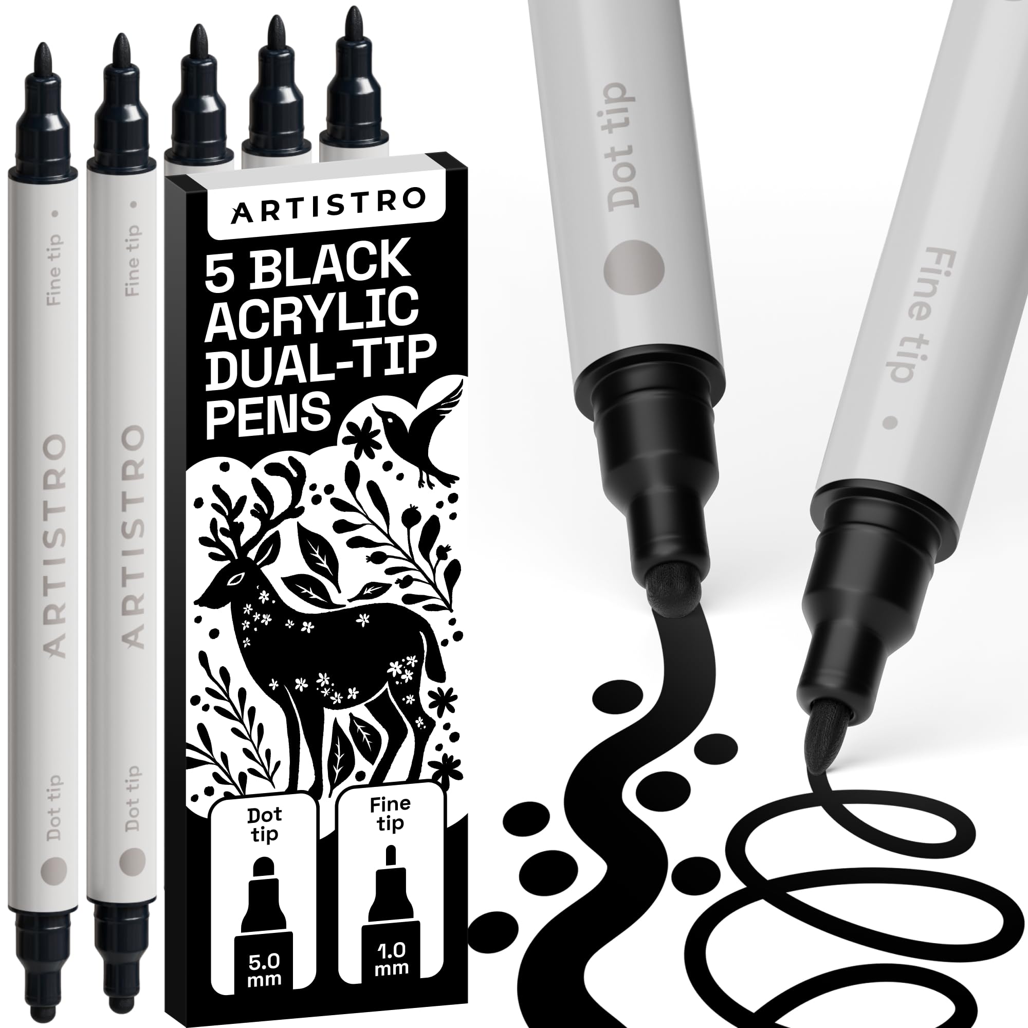 ARTISTRO 5 Black Dual-Tip Acrylic Paint Pens for