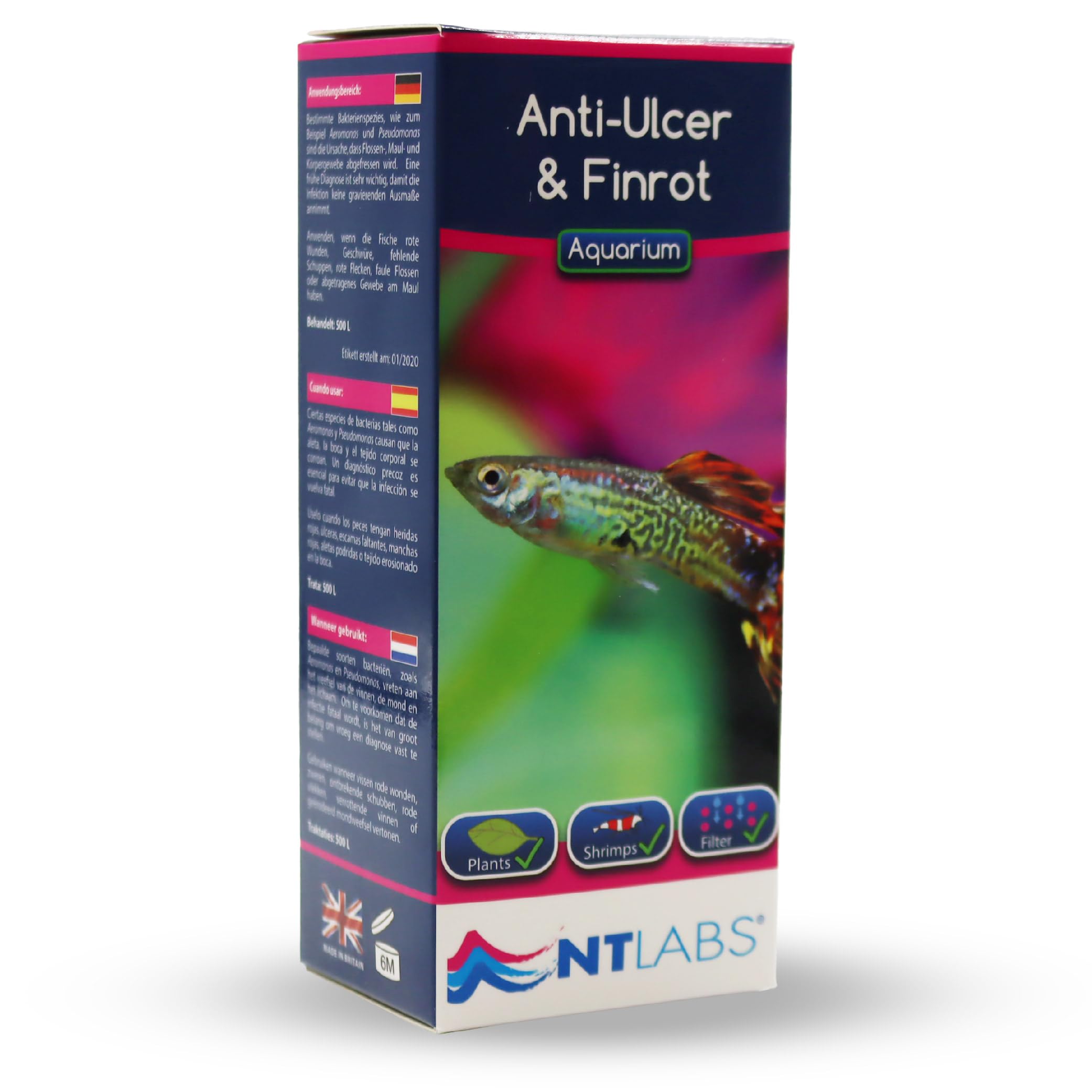 NT Labs Aquarium Anti-Ulcer & Finrot, Bacterial Infection Treatment, Relieves Fish Ulcers, Contains Acriflavine, Treats Bacteria such as Aeromonas & Pseudomonas (100ml - Treats 500L)