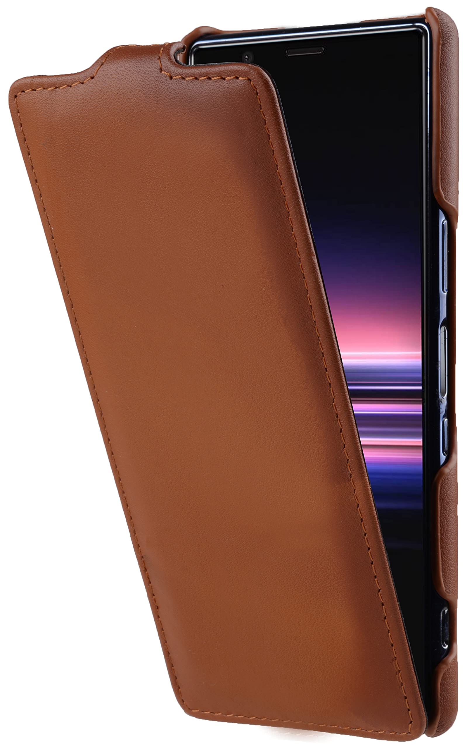 StilGut UltraSlim Leather Flip Case, Compatible with Sony Xperia 5 II, Cognac Antique