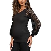 Bhome Womens Maternity Shirts Crochet Lace Long Sleeve V-Neck Pregnancy Tops Casual Tee Blouses