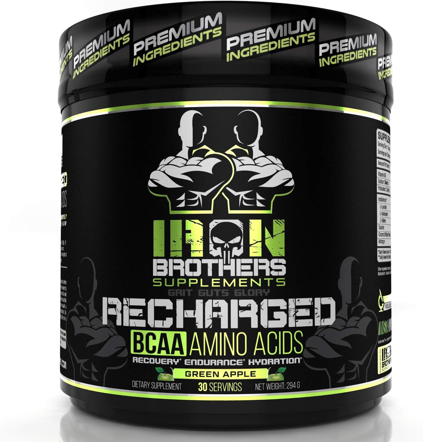 BCAA Powder Supplement - Best Intra Workout Formula - Amino Acids for Hydration - Green Apple Vegan Instaminos - All Natural Fermented - Non-GMO - Gluten-Free - Ideal 2:1:1 Ratio