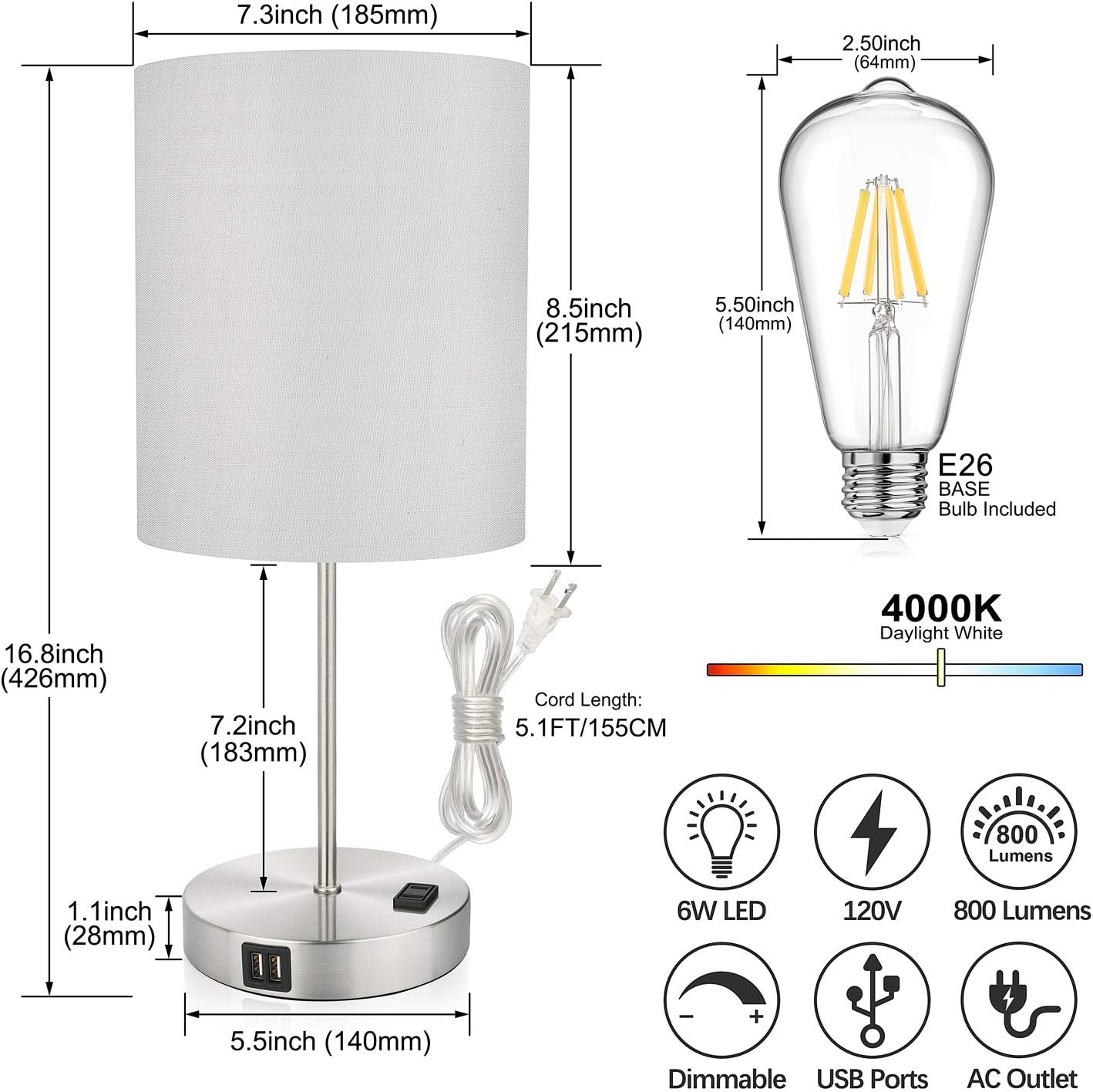 Touch Control Table Lamp, 3 Way Dimmable Bedside Desk Lamp with 2 Fast USB Charging Ports and AC Outlet, Nightstand Lamp for Bedroom Living Room, Modern Office Lamp, Silver Base, 60W LED Bulb Included: Home Improvement