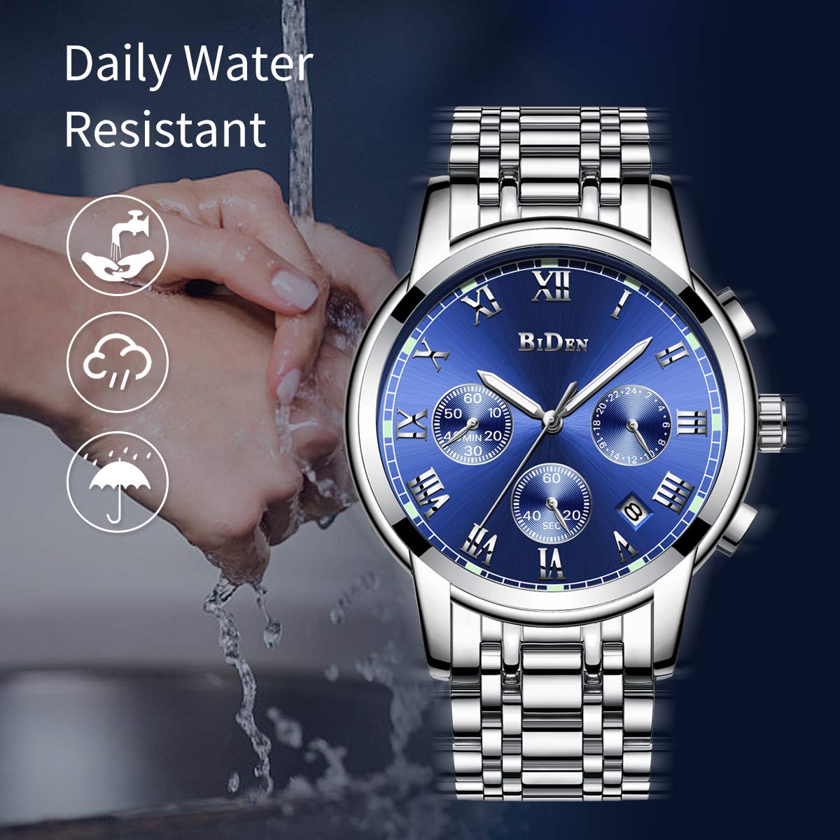 Montre de montres, pour homme montre bracelet en acier inoxydable Argenté, Luxe Design Cadran bleu étanche multifonction à quartz pour homme, montres Causal Entreprise Robe