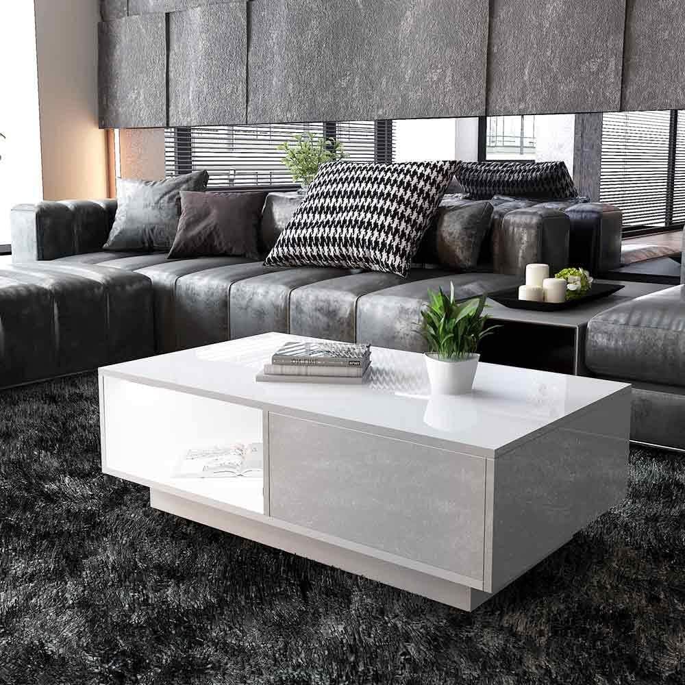 Apelila Coffee Tables for Living Room, White Waiting Area Table, Coffee Table with Storage, LED light (White)