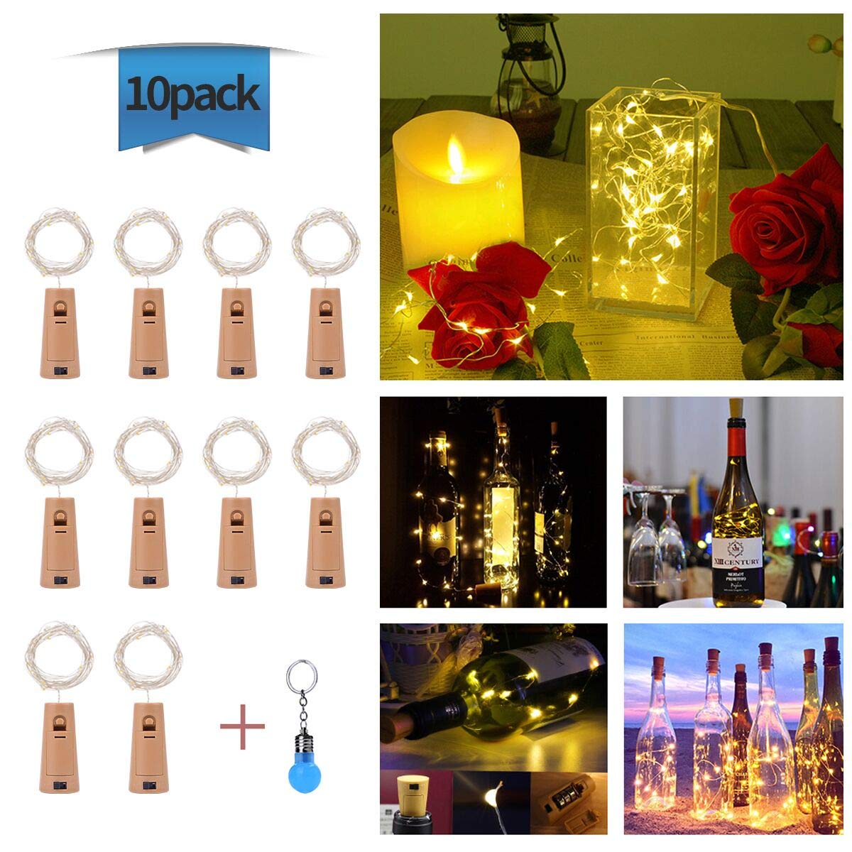 10 Stück LED Flaschenlicht, Evilto 2M Flaschen Lichterkette LED Weinflasche Nachtlicht Flaschenleuchte LED Beleuchtung Kork Lampe für Hochzeit Party Weihnachten, Halloween Deko Wamweiß.