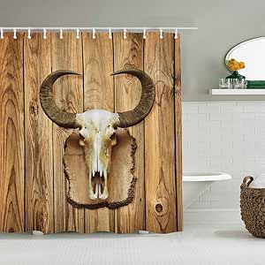 OPQRSTQ-O Cortina de Ducha Impermeable,Cráneo de Toro de búfalo Roto y