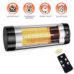 SURJUNY Patio Heater, Electric Wall-Mounted Outdoor Heater with LCD Display, Indoor/Outdoor Infrared Heater, 1500W Adjustable Thermostat, 3 Seconds Instant Warm, Waterproof IP34 Rated, W01