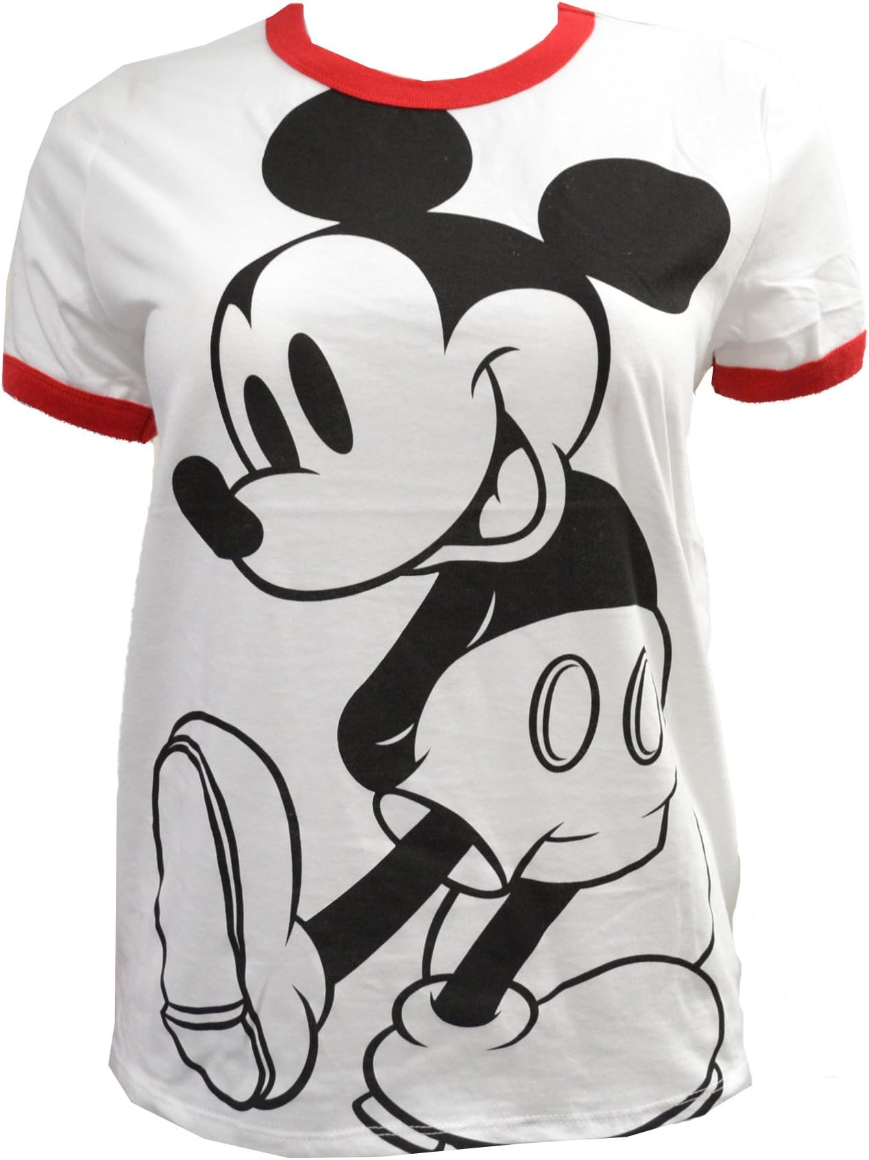 Disney Women's Juniors Mickey Mouse Large Print Ringer T-Shirt