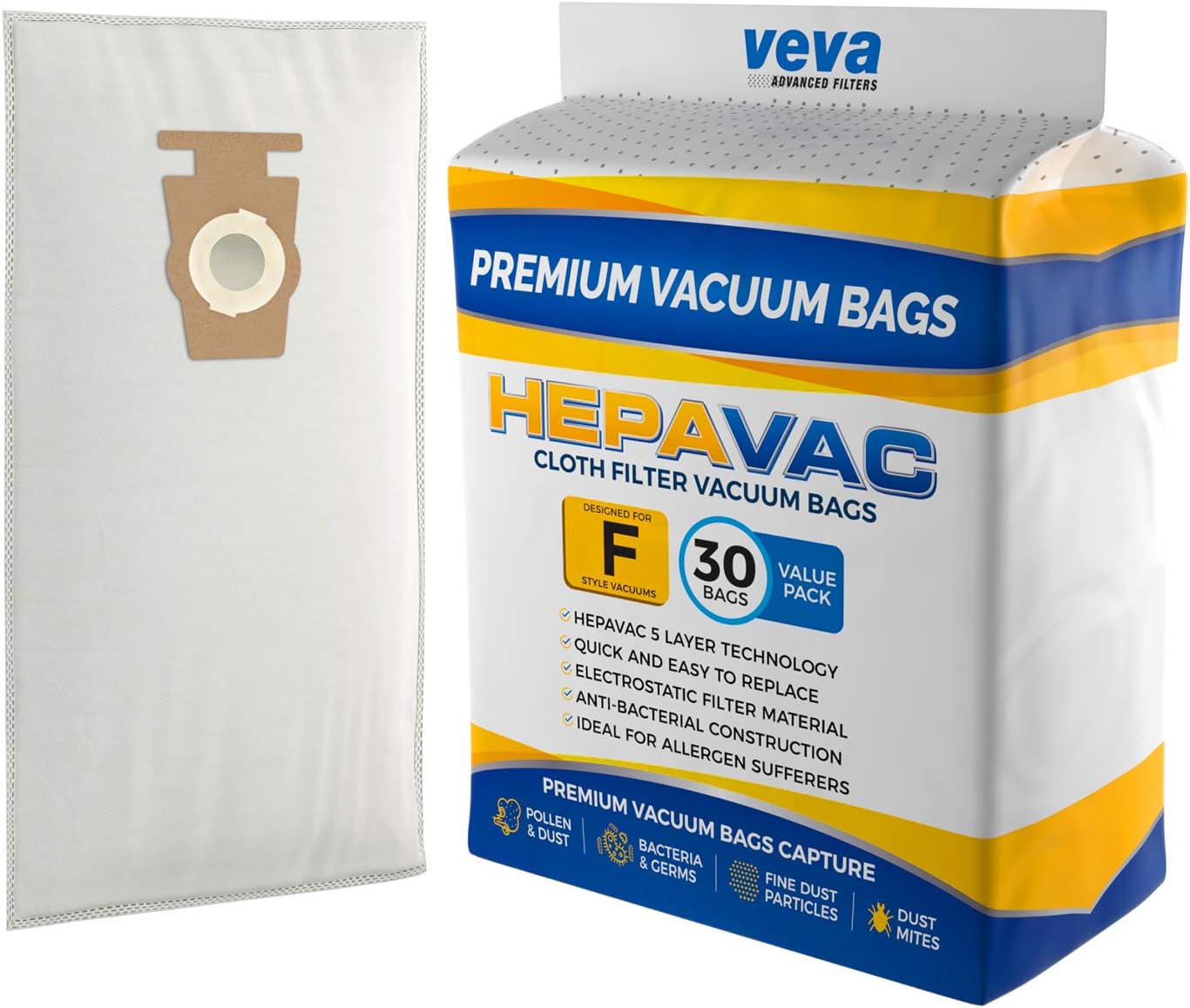 VEVA 30 Pack Premium HEPA Vacuum Bags Style F Cloth Bag Compatible with Kirby Replacement Type F, Q, 204808 204811 Avalir, Sentria I, II, G10D, Ultimate G, Diamond; G3, G4, G5, G6, G7 Cleaners -