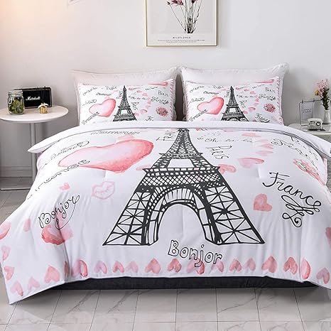 Amazon Com Shinichistar Queen Size The Eiffel Tower Comforter Sets 3 Pieces Paris Bedding Set For Kids Teens Girls Heart France Bedroom Decor Kitchen Dining