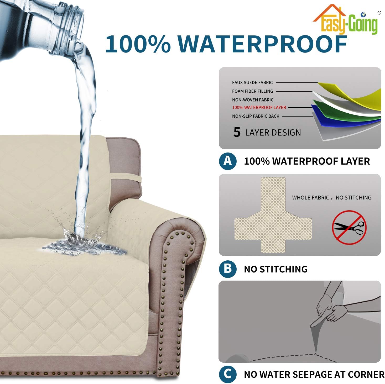Easy-Going Sofa Slipcover Sofa Cover Waterproof Couch Cover Furniture Protector Cover Pets Covers Whole Fabric No Stitching Non-Slip Fabric Pets Kids Children Dog Cat (Large, Ivory): Kitchen & Dining