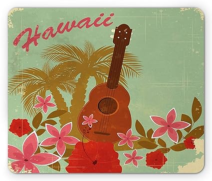 Vintage Hawaii Mouse Pad, Soft Colored Poster Design Musical Instrument Hibiscus and Tropical Flowers, Standard Size Rectangl