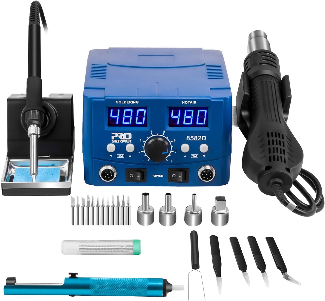 Digital Soldering Station, PROSTORMER 2 in 1 Hot Air Heat Gun Rework Station Soldering Iron Station with °F /°C, LED Display, Digital Templeture Correction and Sleep Function, AC Power Supply