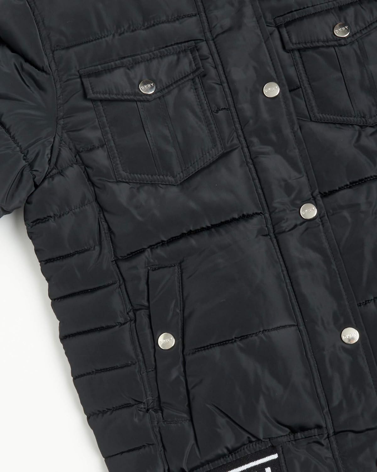 DKNY Girls' Heavyweight Quilted Bubble Jacket with Snap and Zip Closure and Removable Fur Hood: Clothing