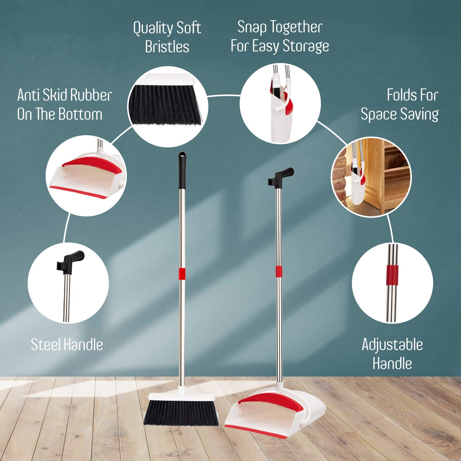 Broom and Dustpan Set - Strongest NO MORE TEARS 80% Heavier Duty - Upright Standing Dust Pan with Extendable Broomstick for Easy Sweeping - Easy Assembly Great Use for Home Kitchen Room Office Lobby: Industrial & Scientific