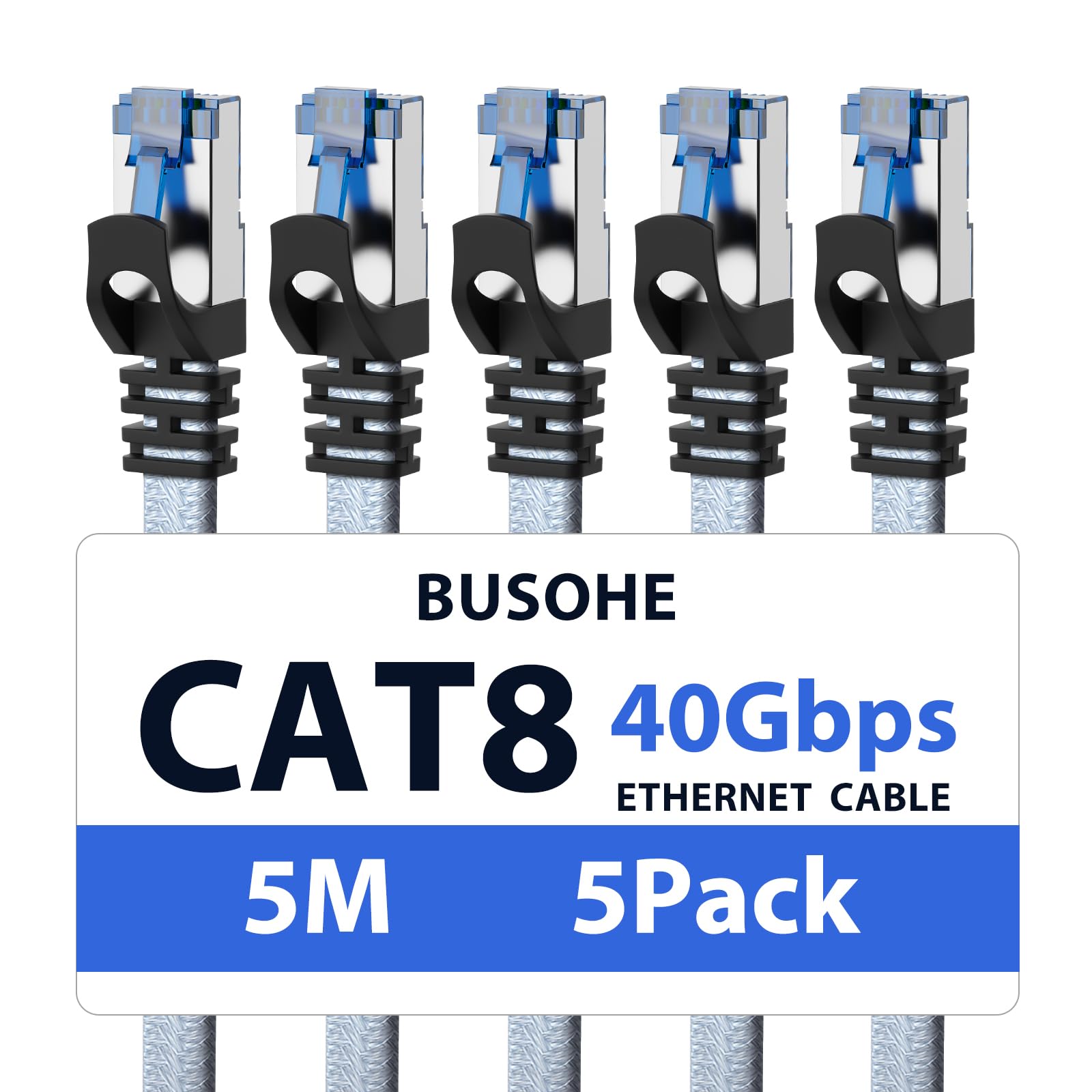 BUSOHE Cat 8 Ethernet Cable 5m (5 Pack), High-Speed 40Gbps 2000MHz Network Cable Braided Flat Gigabit Rj45 STP Shielded Internet Network Lan Cable Cord Compatible with PC, Laptop, Routers, Modem — image 1