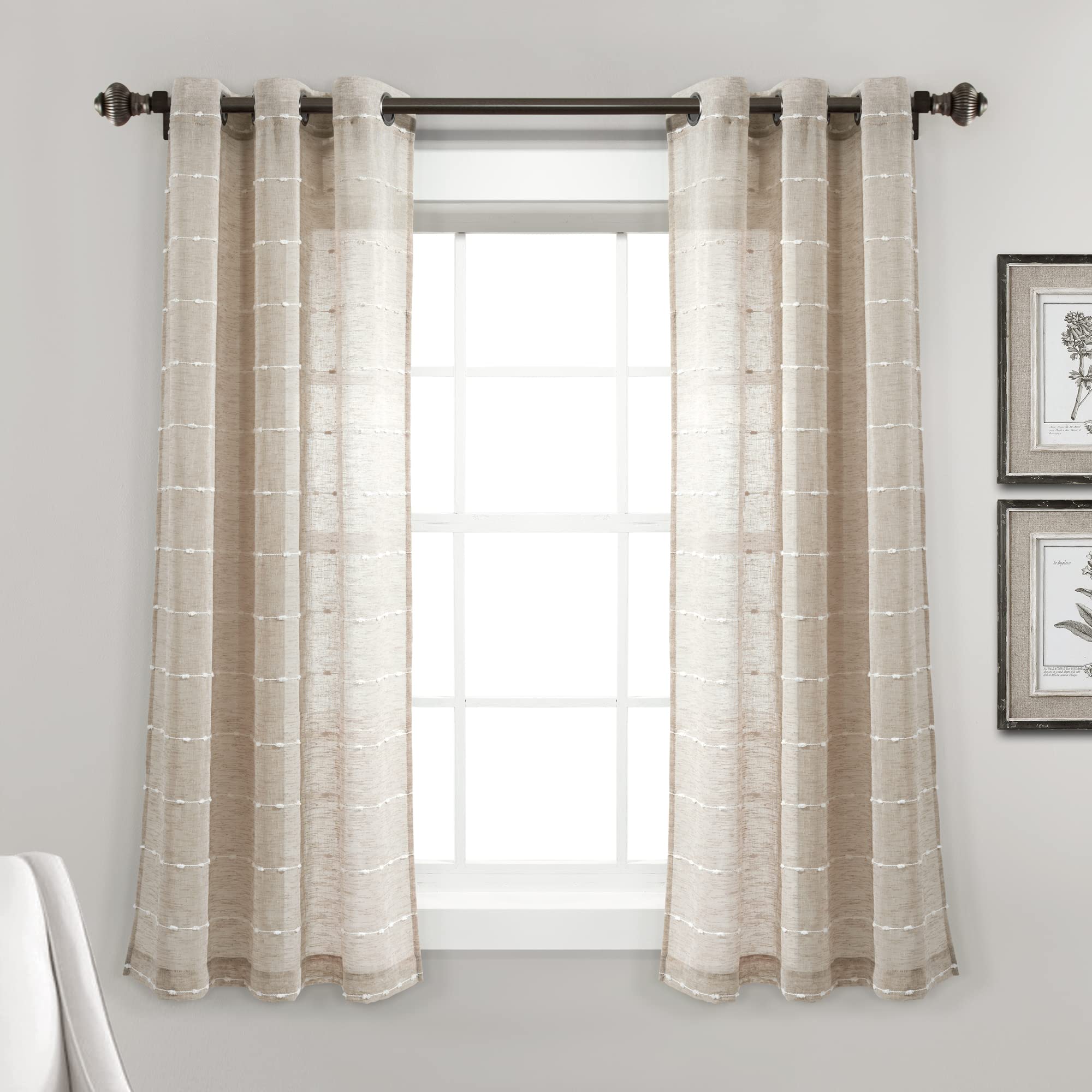 Lush Decor Farmhouse Textured Grommet Sheer Window Curtain Panel Pair, 38" W x 63" L, Neutral — image 1