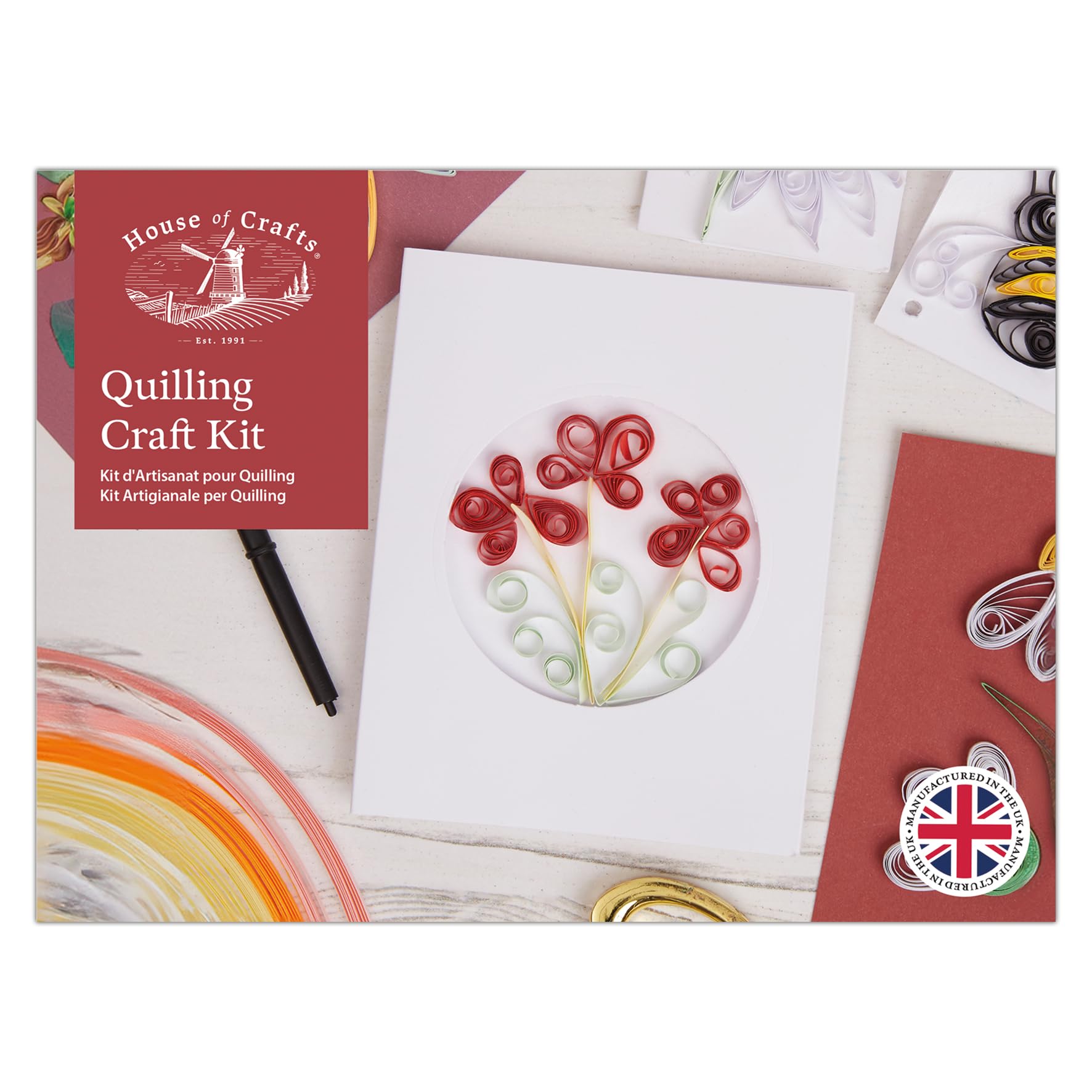 House Of Crafts Quilling Craft Mini Kit, Single Craft Kit Set, Multicoloured, Includes Quilling Paper, Tool, Greeting Cards, Photo Mounts, Gift Tags, Bookmarks, Adhesive, Glue, Work Patterns