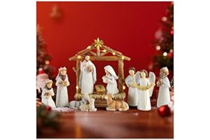 MAGICSCULP 12 PCS Nativity Scene with Lights - White Hand Painted Nativity Sets Resin Figure, First Christmas Story Decoration Holy Family Manger Little People Nativity Set for Indoor Mantle Shelf Tabletop