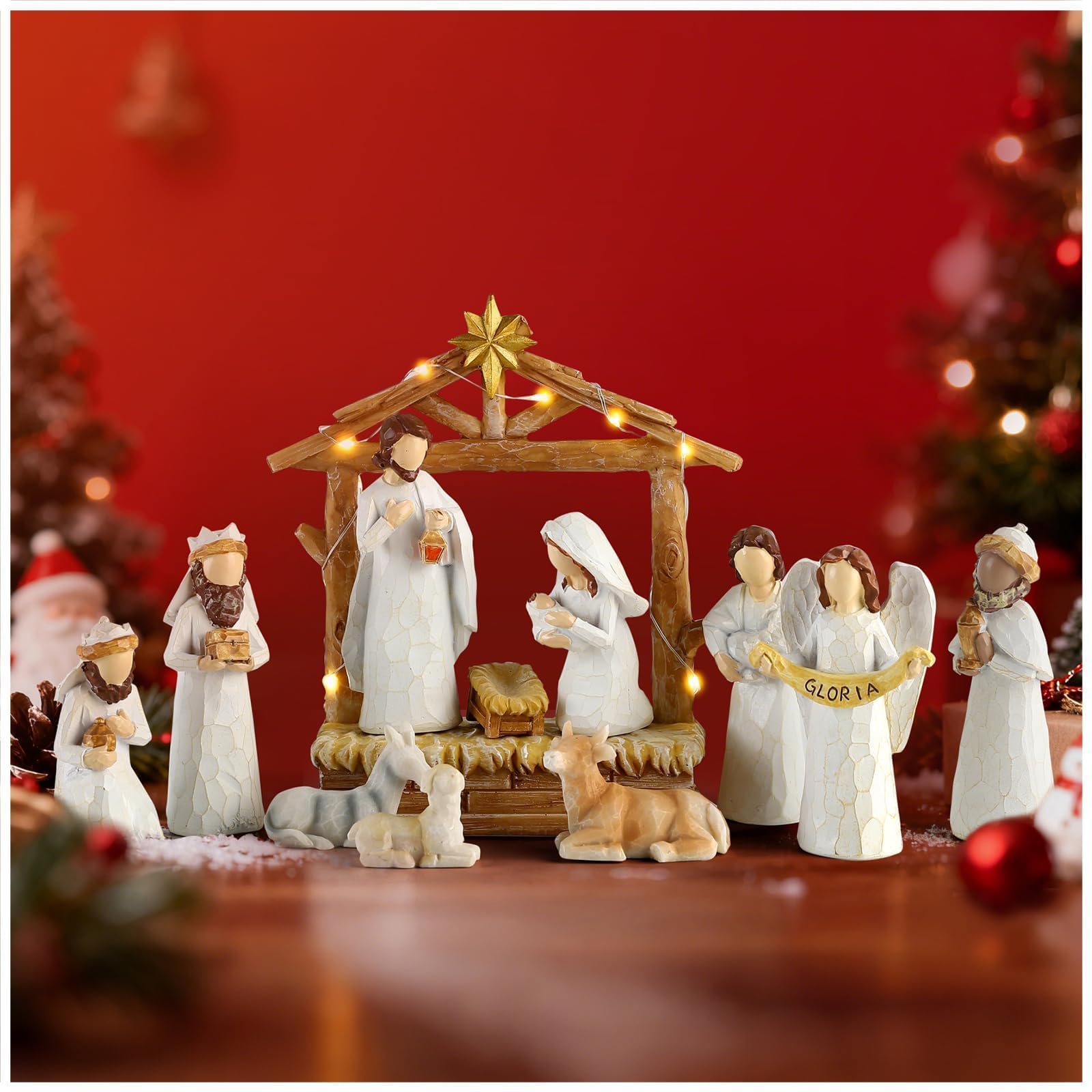 Photo 1 of 12 PCS Nativity Scene with Lights - White Hand Painted Nativity Sets Resin Figure, First Christmas Story Decoration Holy Family Manger Little People Nativity Set for Indoor Mantle Shelf Tabletop
