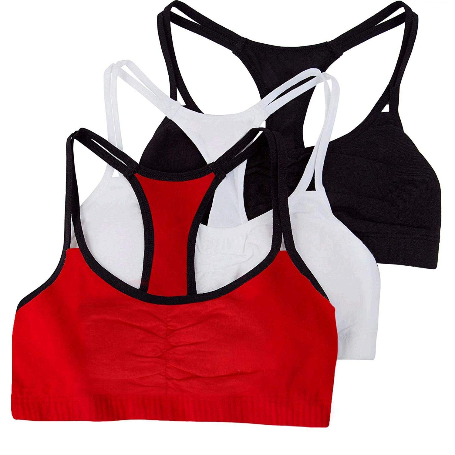 Photo 1 of Fruit of The Loom Womens Spaghetti Strap Cotton Pull Over 3 Pack Sports Bra, Red Hot With Black/White/Black Hue, 34, 9036