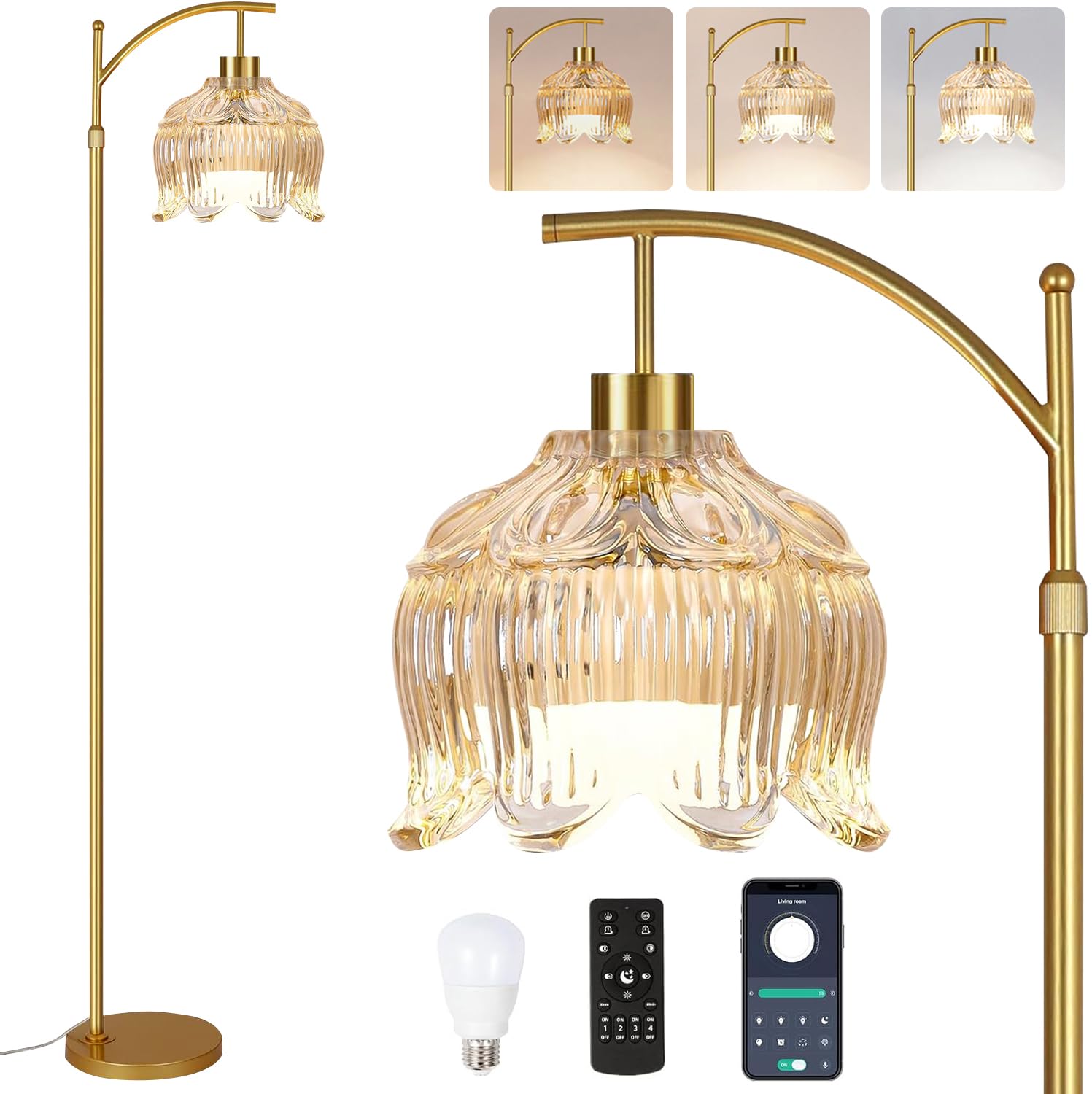 QIYIZM Flower Floor Lamp for Living Room,Bedroom,Gold Dimmable Standing Lamp with Remote,Glass Mid Century Modern Brass Tall Lamp Boho Floor Lamps Arc Stained Floor Light Lamp Bohemian Image