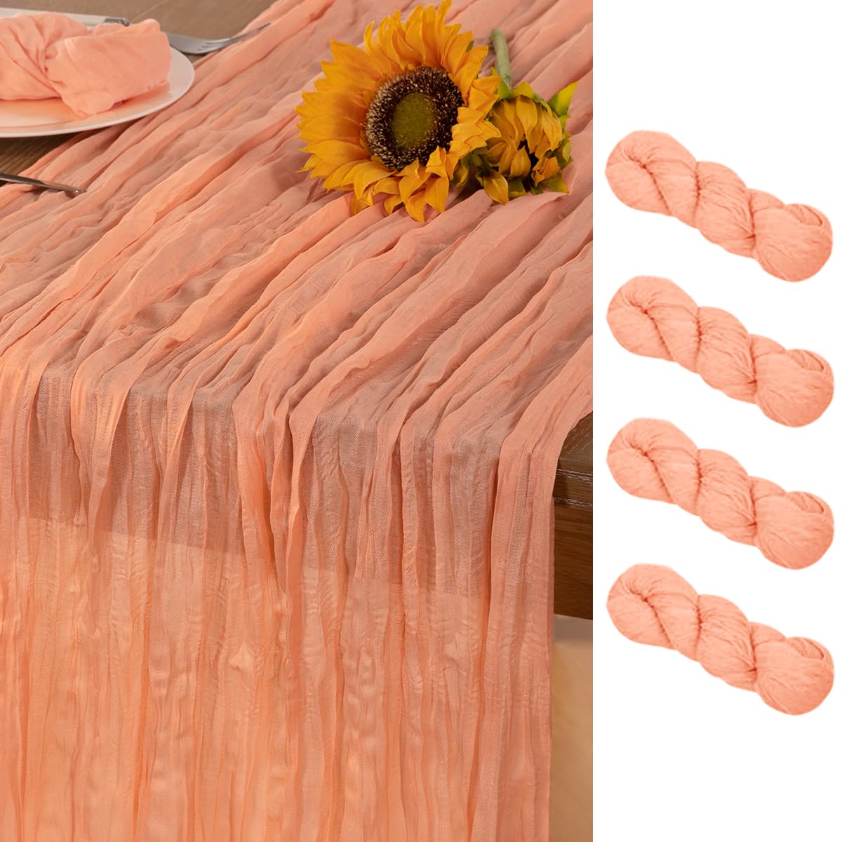 Photo 1 of DeZerlor Peach Cheesecloth Table Runner 4 Pack Fall Table Runners Boho Gauze 120 Inches Cheese Cloth Fall Table Decorations for Sweet Little Peach Baby Shower Decor Wedding Bridal Thanksgiving Party