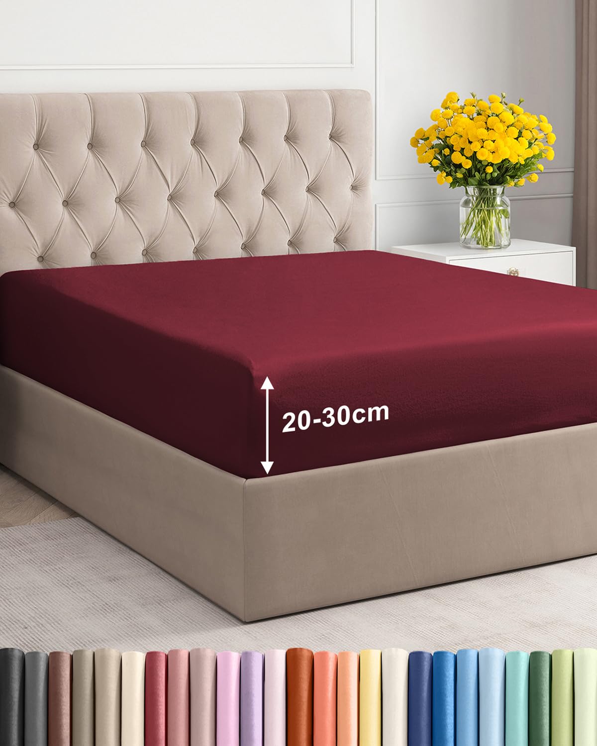 Double Fitted Bed Sheet 135x190x30cm - Deep Fitted Sheet for Mattresses up to 30 cm (12") - Soft Brushed Microfiber - Wrinkle, Shrinkage & Fade Resistant - OEKO-TEX - Burgundy - Bottom Sheet