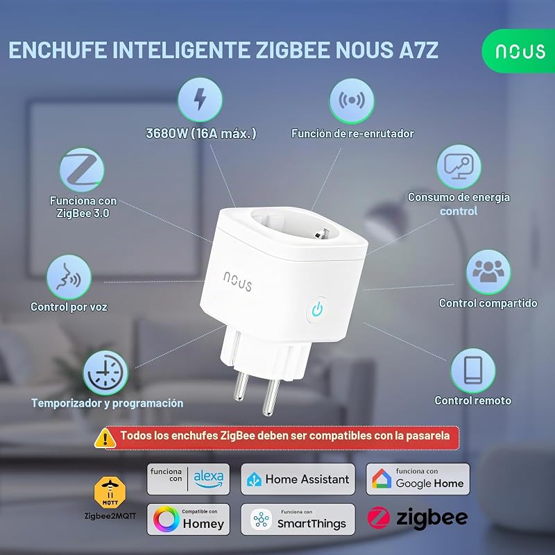 A7Z Enchufe Smart ZigBee 3.0, 16A, Certificado TÜV,Monitorización de Consumo,Control por App,Temporizador,Compatible con Alexa, Google Home,Home Assistant y Tuya,Pack of 1,𝐇𝐮𝐛 𝐑𝐞𝐪𝐮𝐢𝐫𝐞𝐝