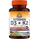 Vitalitown Vitamin D3 K2 Supplement, D3 5000 IU, Vitamin K2 MK-7 100 mcg, Non-GMO, No Gluten &amp; Soy, for Bone, Teeth, Immune &amp; Heart Health, 120 Softgels