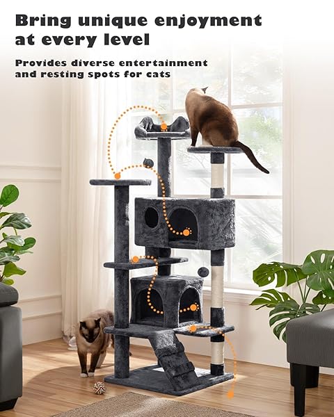YAHEETECH 54IN CAT TREE, MULTI-LEVEL CAT TOWER WITH SPACIOUS KITTEN-EAR PERCH, 2 COZY CAVES, SCRATCHING POSTS, CLIMBING LADDER, 2 PLUSH BALLS, DURABLE PET HOUSE FURNITURE FOR INDOOR KITTENS, DARK GRAY