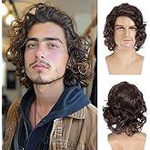 Baruisi Mens Short Curly Brown Wig Handsome Synthetic Full Wigs Natural Halloween Cosplay Costume Hair Wig