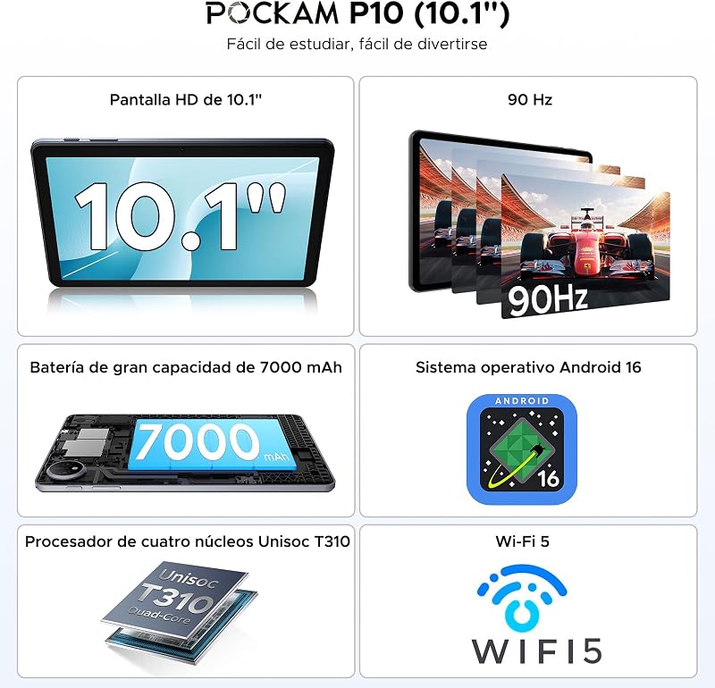 P10 Tablet 10 Pulgadas, Tablets Android 16 con Gemini AI, 48GB RAM+128GB ROM, 7000mAh, Unisoc T310 Quad-Core, 90HzFace ID/2 Speakers - Tablet con Teclado,Lapiz,Funda,Ratón,Auriculares - Gris