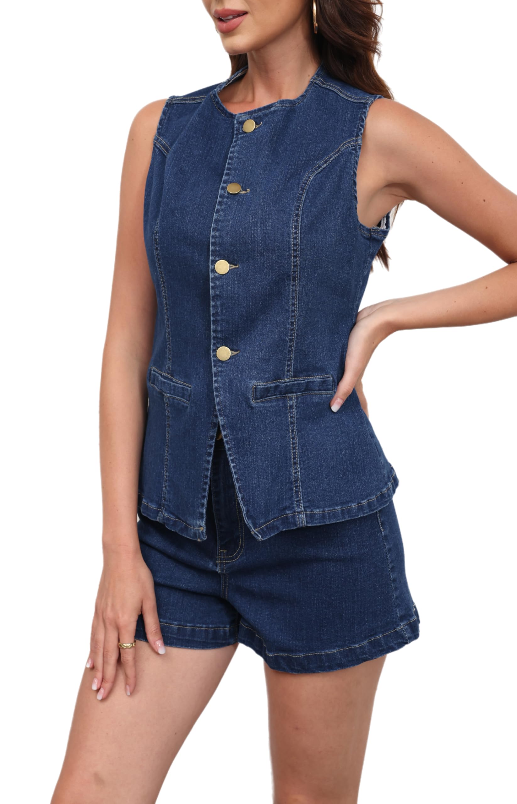 Photo 1 of acelyn Women’s Business Casual Outfits 2 Piece Denim Set Sleeveless Blazer Vest & Short Set Jeans Two Piece Outfits