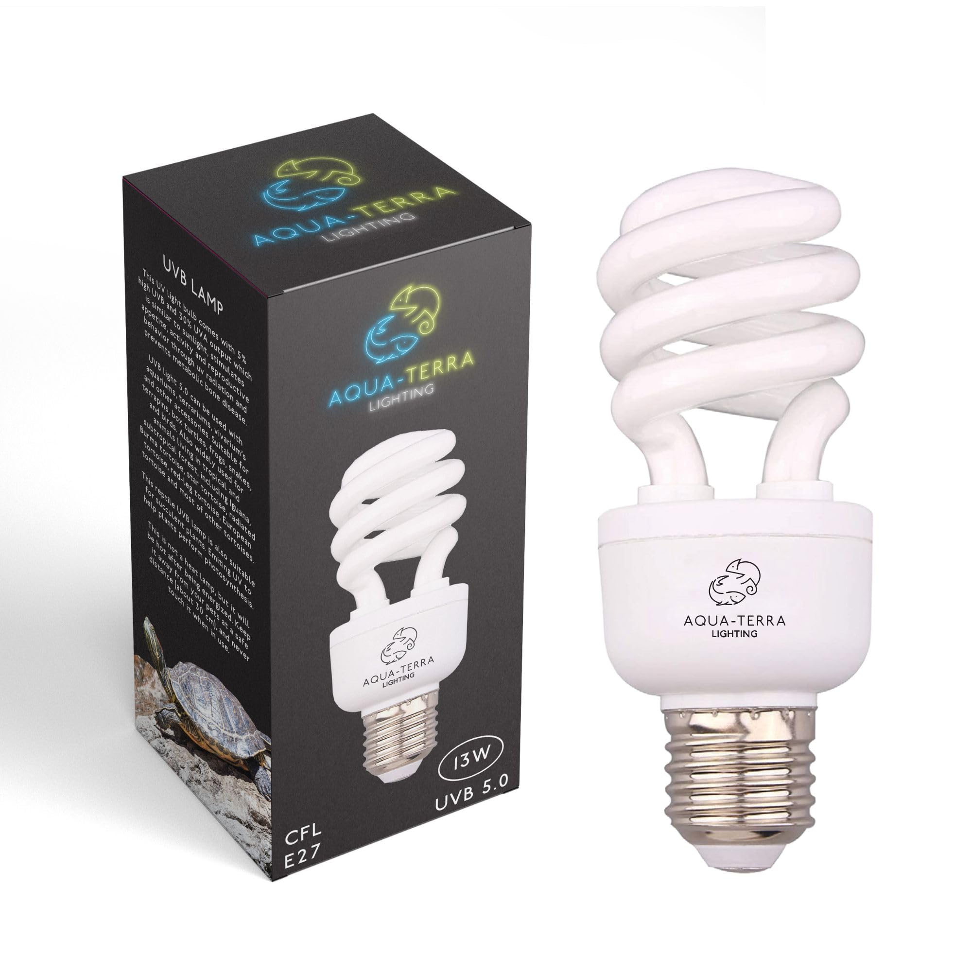 Aqua-Terra Lighting UVA UVB 13w Tropical 5.0 Bulb Ideal for Aquariums/Terrariums with Terrapins, Box Turtles, Frogs, Snakes and Birds - E27 Standard Screw Base - Ideal for Natural Sun Light Effect